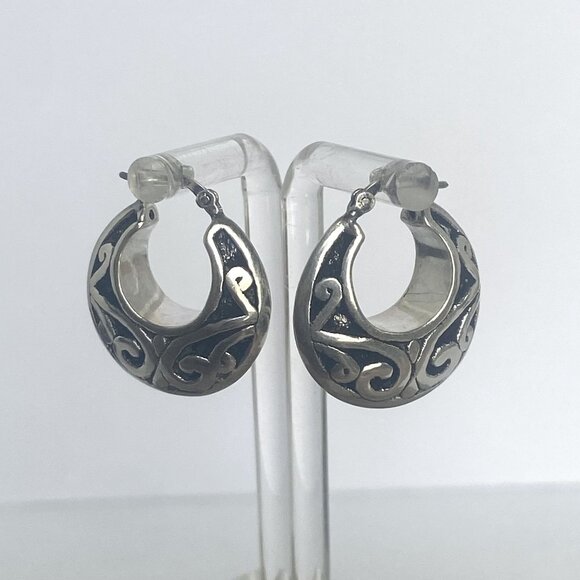 Sterling Silver 925 1" Scrollwork Bali Style Chunky Hoop Earrings Hinged Post - Picture 8 of 16